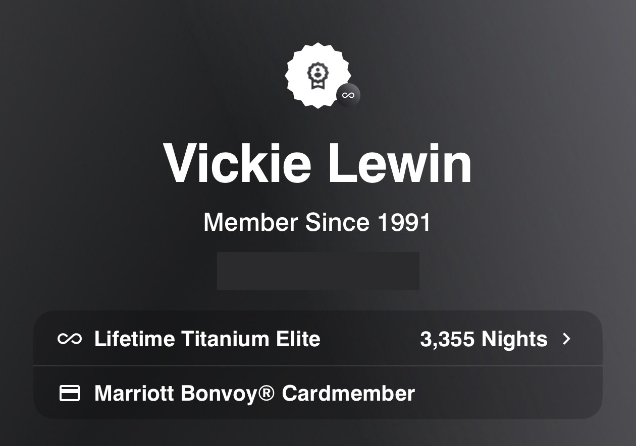 Marriott Bonvoy screenshot: Lifetime Titanium Elite, member since 1991 (account details cropped)